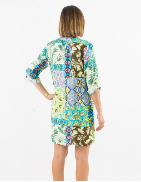 Emerald blue patchwork leaf print button down short dress