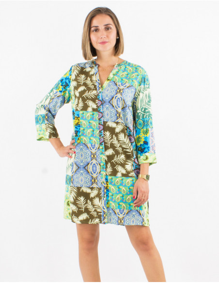 Robe courte avec boutons et manches 3/4 imprimé patchwork baba cool bleu émeraude