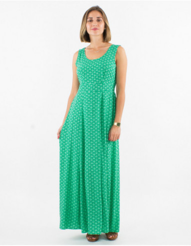 Robe longue cintrée fluide pour l'été imprimé vert menthe avec petits motifs blancs