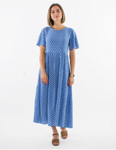 Short sleeve midi dress with original geometric print blue