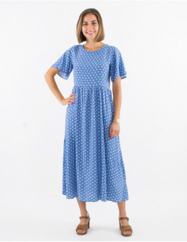 Women's original wide cut long dress with original blue print and small pattern