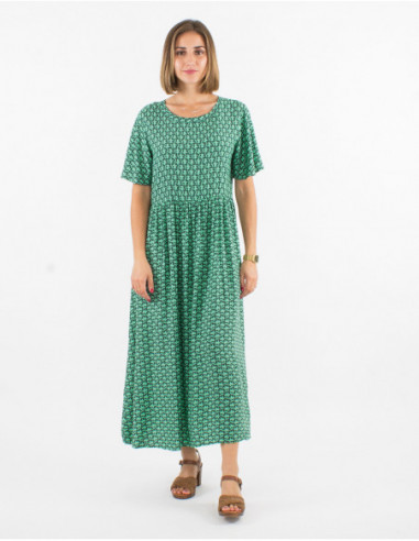 Robe midi large à manches courtes imprimé géométrique original vert