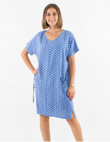 Short straight dress with pockets and original blue print