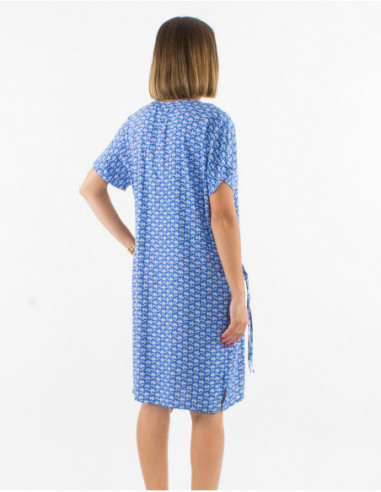 Oversized mid-length dress for women with original geometric print in blue
