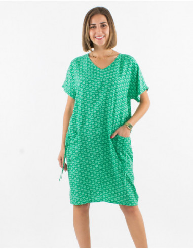 Robe courte droite large femme avec poches et imprimé original vert menthe