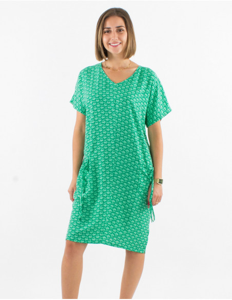 Oversized short-sleeved dress with patch pockets in original mint green pattern