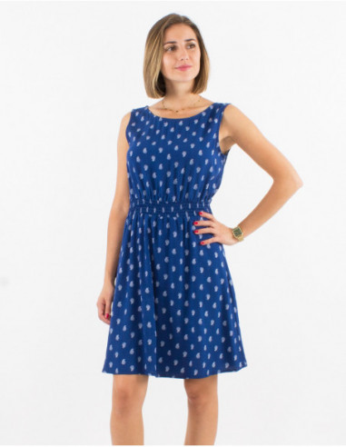 Short navy blue sleeveless summer dress with gold boho print