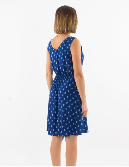 Small short sleeveless dress with gold paisley bohemian blue navy