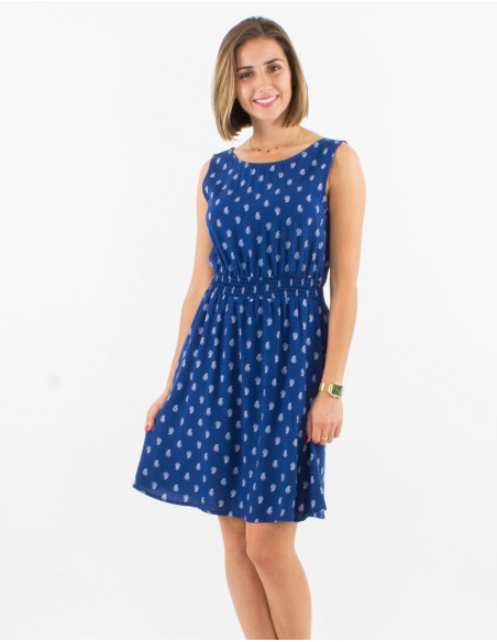 Robe courte d'été légère pour femme avec motifs boho chic doré bleu marine