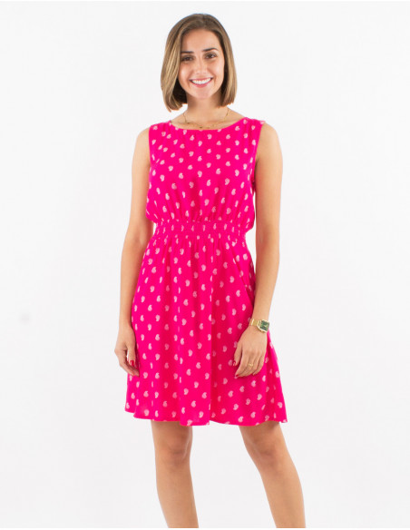 Robe courte rose fluide d'été sans manches à imprimé boho doré