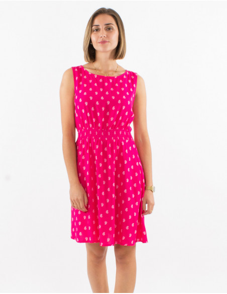 Lightweight women's short summer dress with gold boho chic pattern in pink