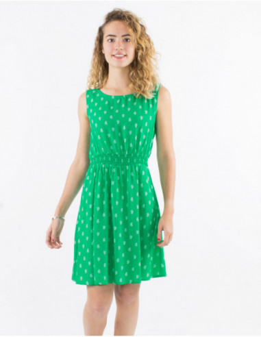 Robe courte vert fluide d'été sans manches à imprimé boho doré