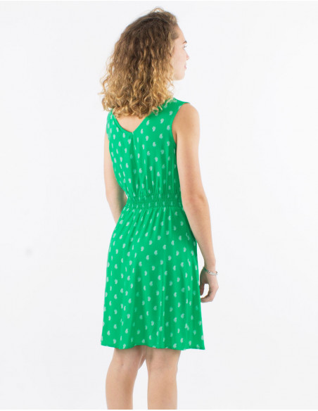 Small short sleeveless dress with gold paisley bohemian green