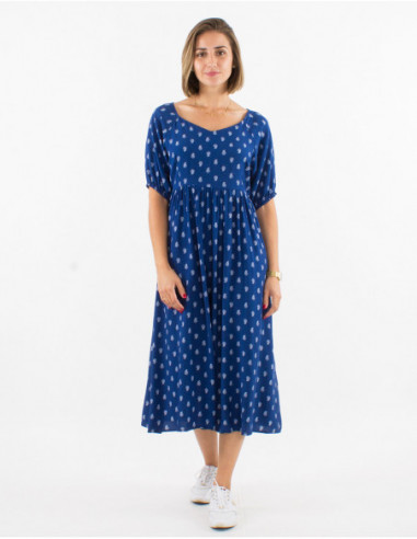 Robe midi bleu marine cintrée chic d'été à imprimé petits cachemires dorés pour femme