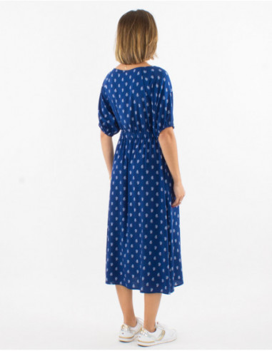 Navy blue midi dress with balloon sleeves and gold paisley