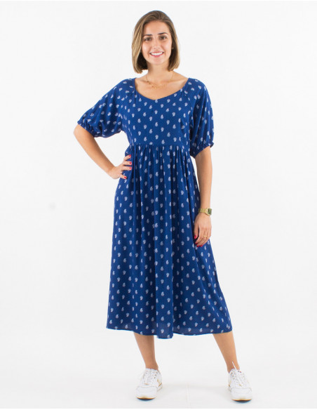 Mid-calf dress chic woman for summer navy blue with gold patterns boho