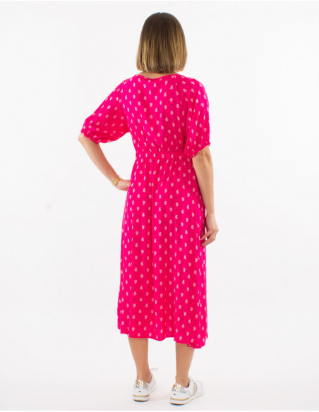 Robe midi estivale rose à manches ballon et motif cachemire doré