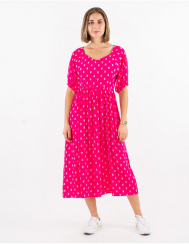 Robe mi mollet femme chic pour l'été rose à motifs dorés boho