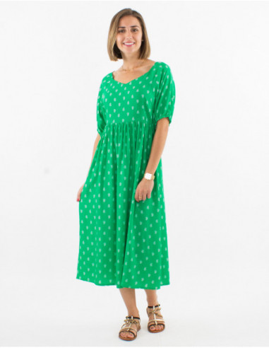 Green chic summer midi dress with small gold paisley print for women