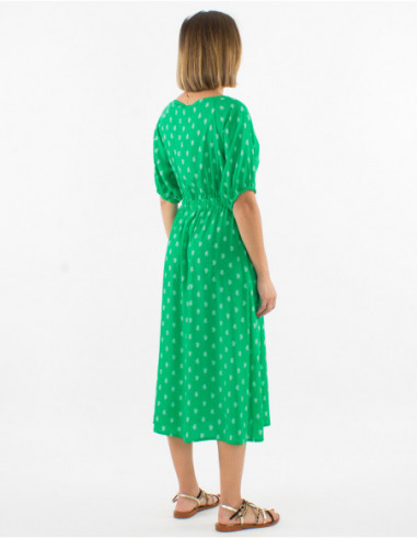 Robe midi estivale vert à manches ballon et motif cachemire doré