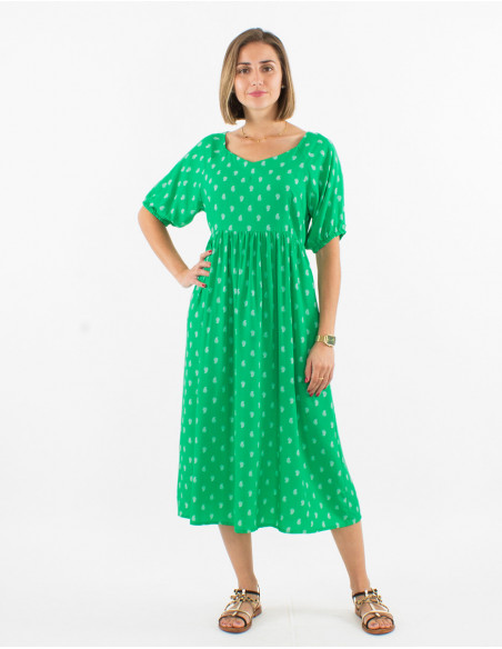 Robe mi mollet femme chic pour l'été vert à motifs dorés boho