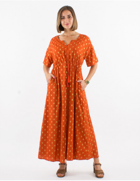 Long flowing summer dress with buttons and belt tassels golden bohemian