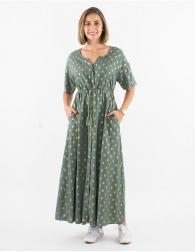 Button down maxi dress with tie belt and khaki green gold print