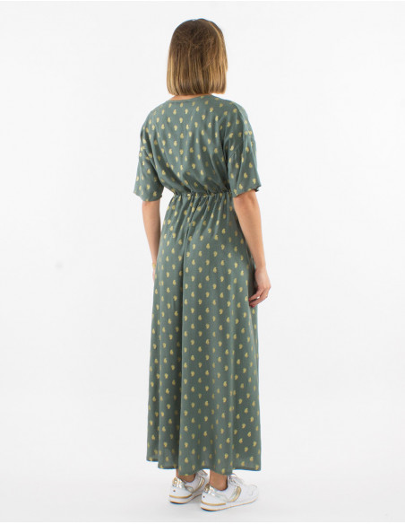 Long flowing summer dress with buttons and belt tassels golden bohemian khaki green