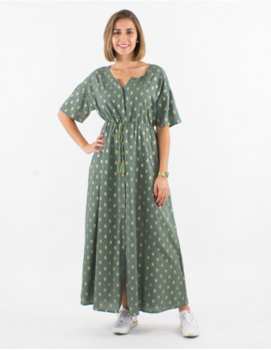 Bohemian chic gold and khaki green print button down maxi dress with tie belt