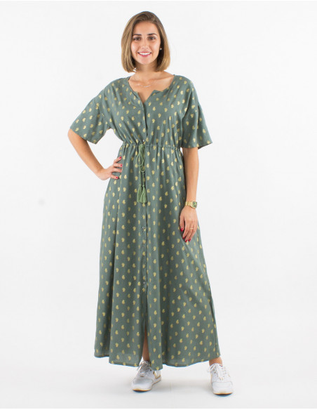 Robe longue boutonnée avec ceinture à nouer à imprimé bohème chic doré vert kaki