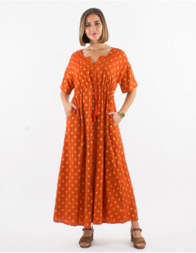 Button down maxi dress with tie belt and rust gold print
