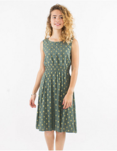 Sleeveless summer short dress with elastic waist and khaki green gold pattern