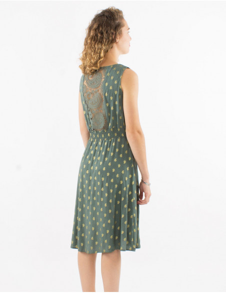 Little sleeveless summer dress with khaki green gold paisley pattern