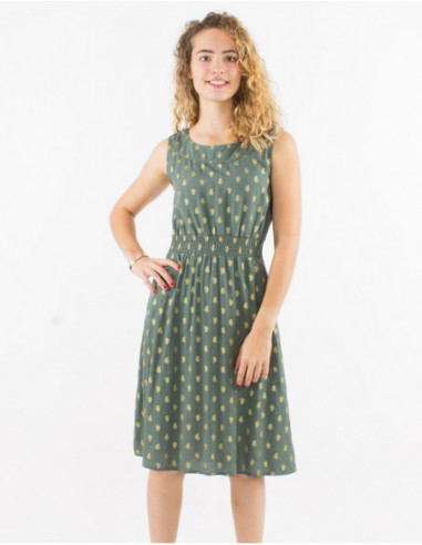 Khaki green bohemian gold patterned sleeveless mid-length dress