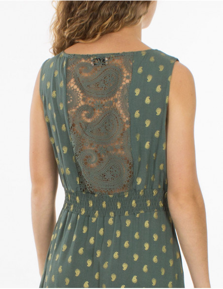 Lace detail in the back of original bohemian short dress khaki green