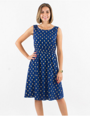 Sleeveless summer short dress with elastic waist and navy blue gold pattern