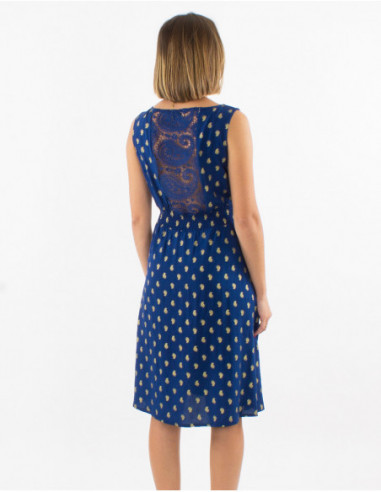 Little sleeveless summer dress with navy blue gold paisley pattern