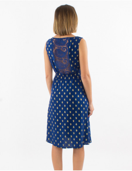 Little sleeveless summer dress with navy blue gold paisley pattern