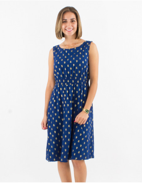 Robe mi longue sans manches cintrée à motif doré bohème bleu marine