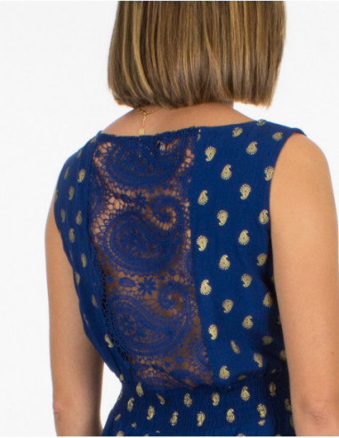 Lace detail in the back of original bohemian short dress navy blue