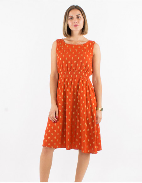 Robe courte d'été sans manches élastique à la taille motif doré rouille