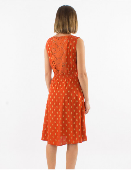 Little sleeveless summer dress with rust gold paisley pattern