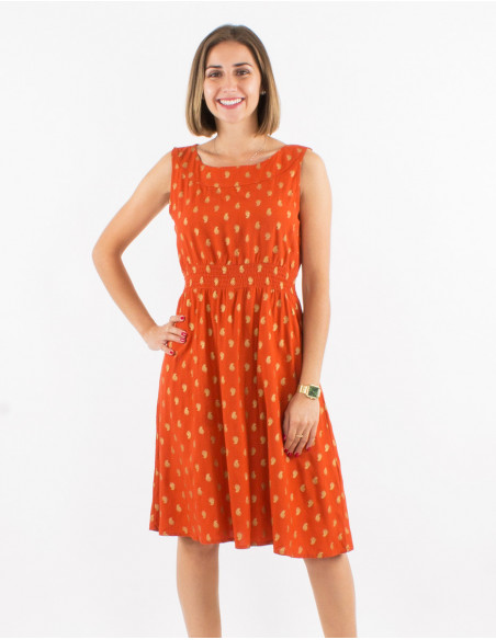 Robe mi longue sans manches cintrée à motif doré bohème rouille