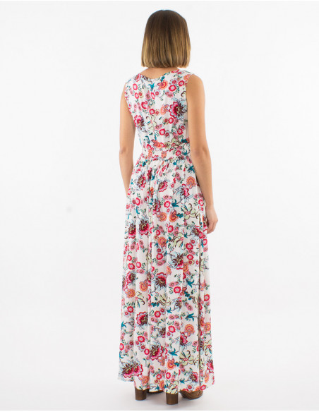 White floral boho print long dress with wide straps and chic pleats