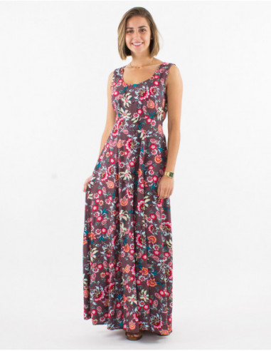 Bohemian long dress with chocolate brown flowers and front pleats
