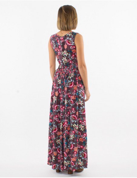 Chocolate brown floral boho print long dress with wide straps and chic pleats