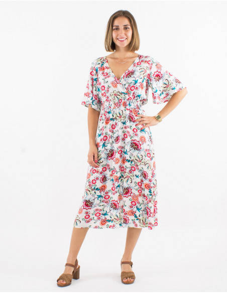 Robe midi élégante romantique pour femme à imprimé fleuri blanc