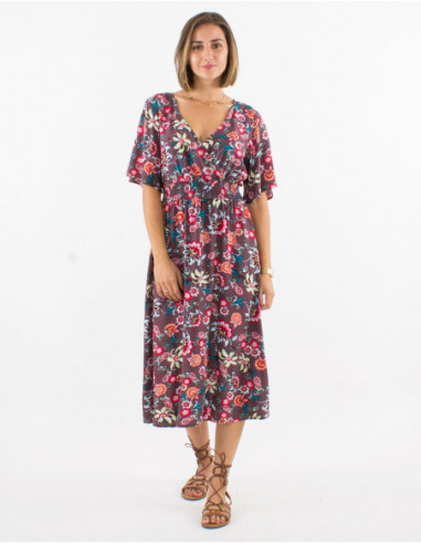 Robe midi élégante romantique pour femme à imprimé fleuri marron chocolat