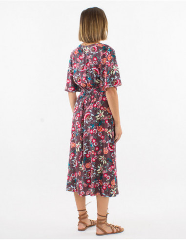 Robe midi col cache cœur bohème chic avec petites fleurs marron chocolat
