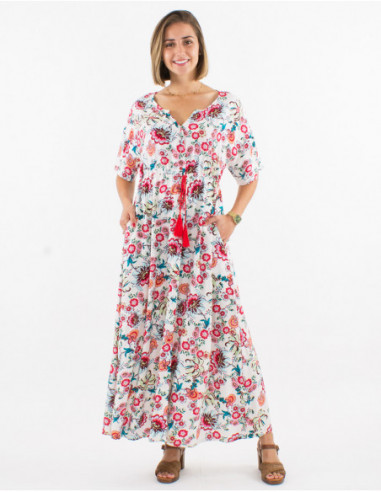Elasticated long dress under the chest with romantic white print
